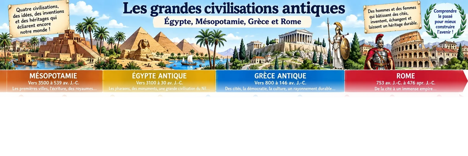 Aperçu partiel des grandes civilisations antiques, estompé avant les repères